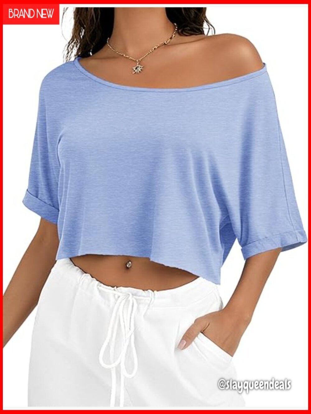 Off Shoulder Crop Top Boat Neck Short Sleeve Loose Fit Polyester Spandex
